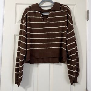 Striped Collared Cropped Sweater - Brown & Cream